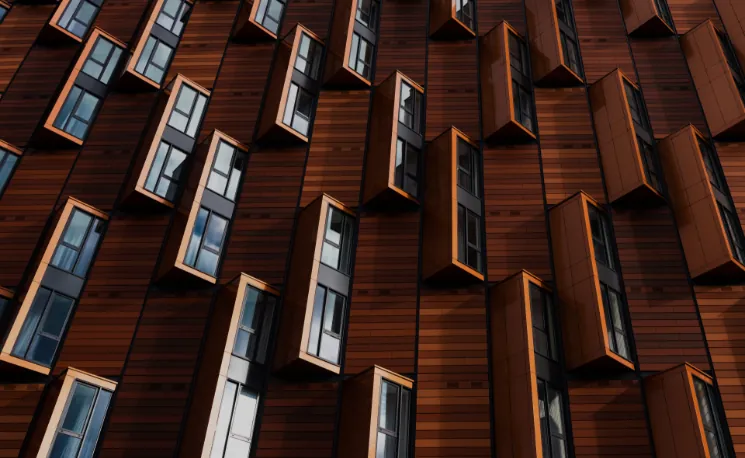 Building facade with angled windows